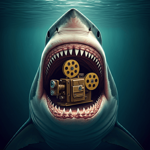 A great white shark swallowing a movie projector.